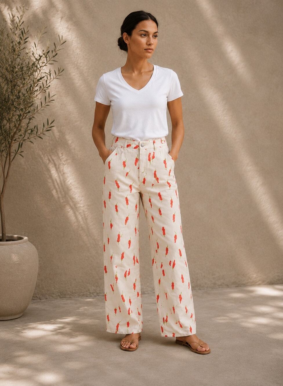 Bailey Rose Chili Pepper Print Novelty Wide Leg Pants NWOT X-Small Soft Denim